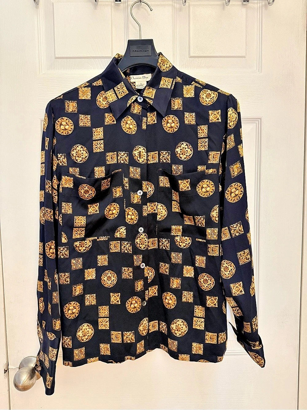 Christian Dior Gold Geometric Button Down Blouse Size 6